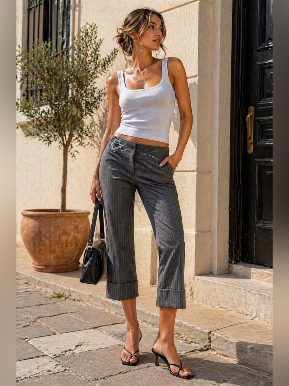 Marciano Cropped Pinstripe Dress Pants Metallic Detail Size 10